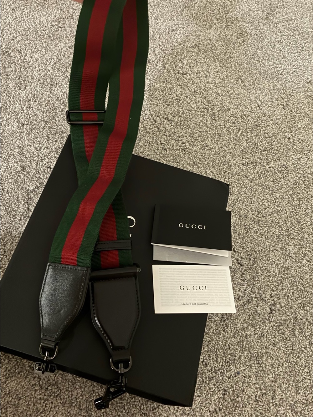 Gucci Green and Red Striped Adjustable Messenger Strap with Black Leather Ends